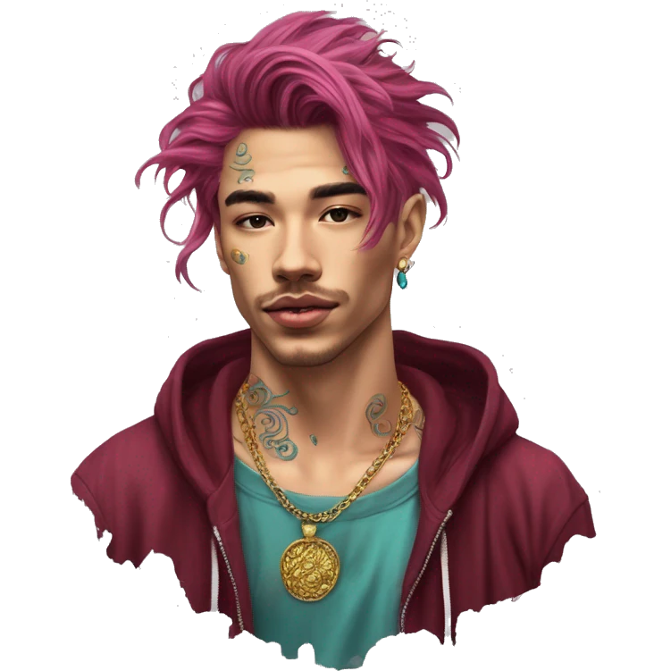 Vintage grunge patina intricate swirls gold jewellery baroque golden sparkle tropical Deep pink maroon burgundy cyan dark hoodie man dyed hair gold piercings nose piercing ear piercings emoji