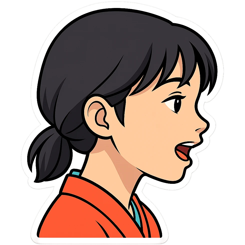 Asian girl profile, left side, talking, with a different hairstyle, in the style of sticker, no background emoji