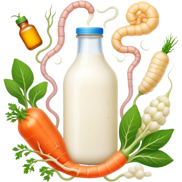 Probiotic foods (yogurt, kefir, kombucha bottle, miso, kimchi, sauerkraut) surrounding a glowing intestinal system. Tiny beneficial bacteria represented as golden particles flow between the foods and the intestine, creating a garden-like ecosystem of inner harmony and health. emoji