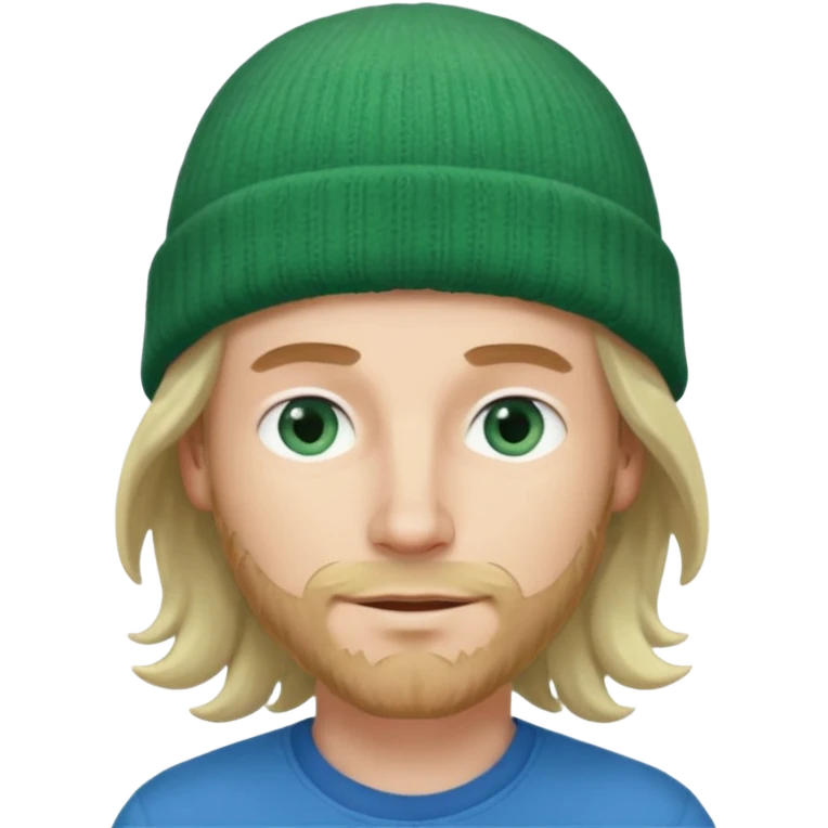white man, mid thirties, blue eyes, mid length wavy hair, green beanie hat emoji