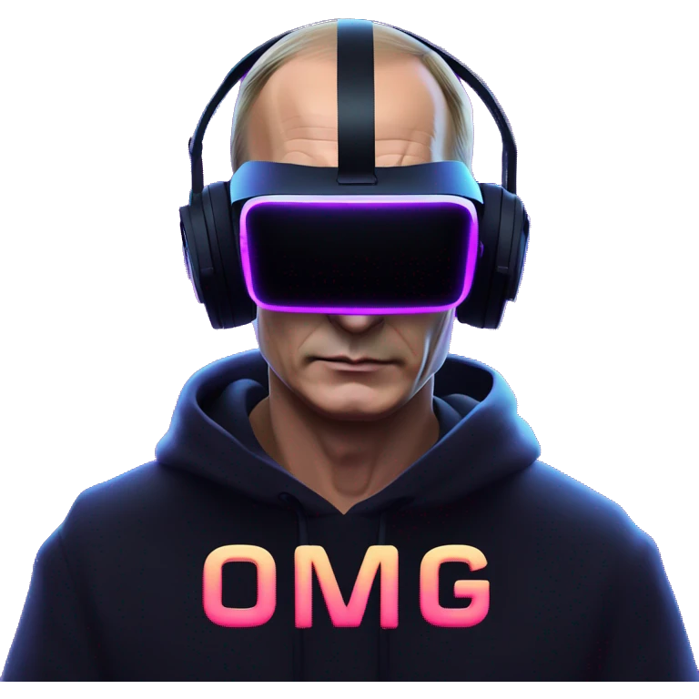 Vladimir Putin wearing a black hoodie with "OMG" letters on it and VR headset oculus quest 2 in a cyberpunk VR environment with violet neon lighting. emoji