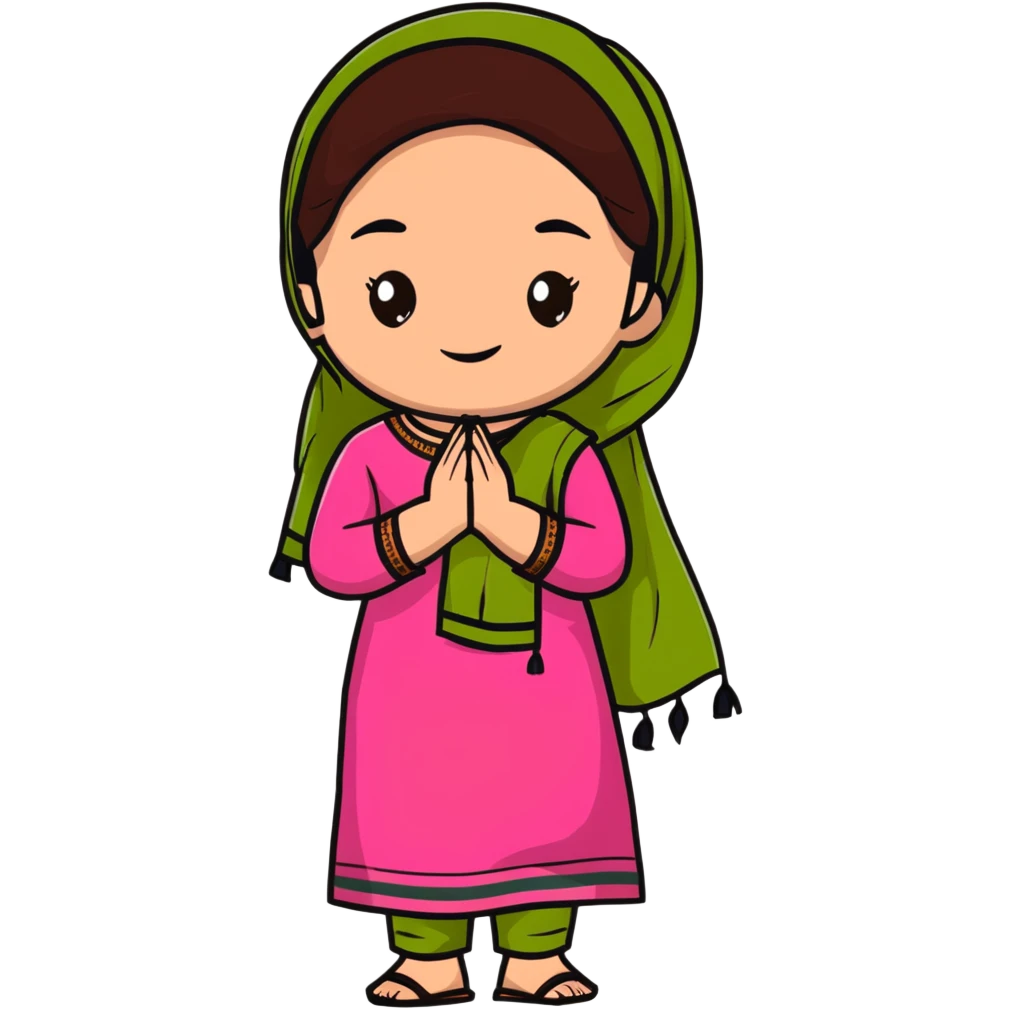 girl with light wheatish skin, dark brown hair, wearing dark pink kurti with sage green dupatta on head emoji