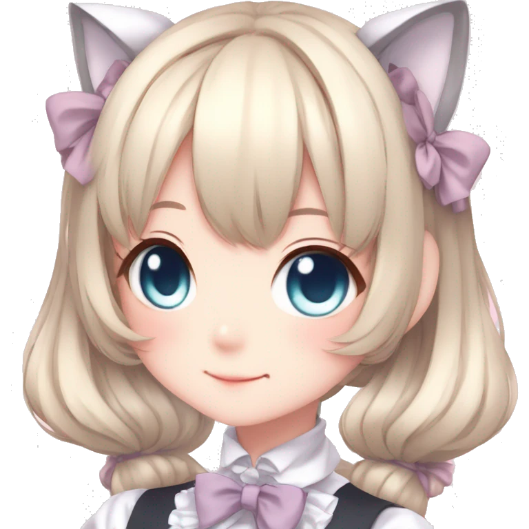 Gorgeous anime style catgirl with blushing face with maid outfit bow tie idol model kawaiicore pearly petite simplistic aesthetic trending style emoji