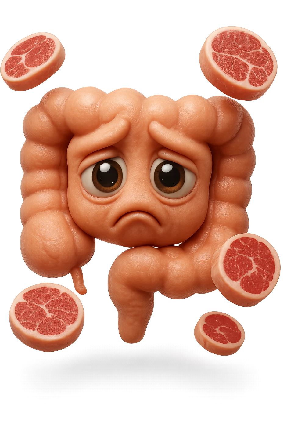emoji stile iphone in 3d di un intestino triste con fette di carne che gli fluttuano intorno, gli occhi falli con la parte bianca pure, iperrealistico 4k emoji
