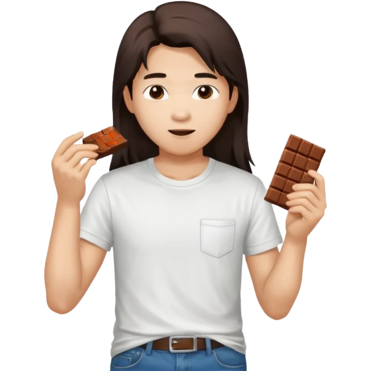 long haired Asian person eating chocolate, wearing white T-shirt and jeans emoji