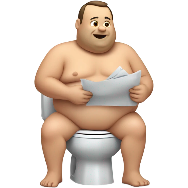 fat guy sitting on toilet reading newspaper no shirt front view emoji