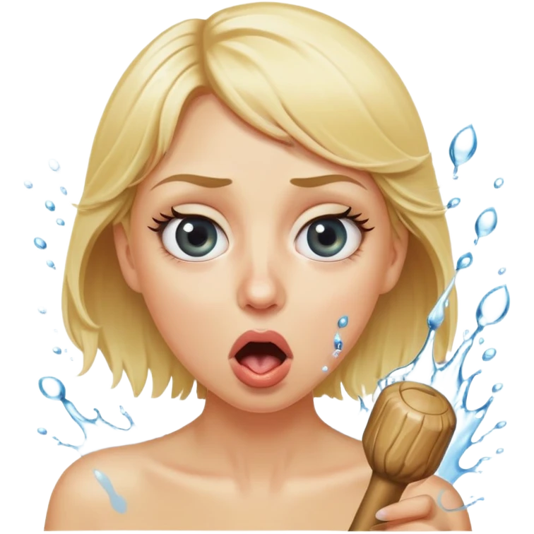 blond woman with wide eyes, holding a wide skin-colored stick with a prominent round knob on the edge, water squirting from the knob into her mouth, shocked face emoji