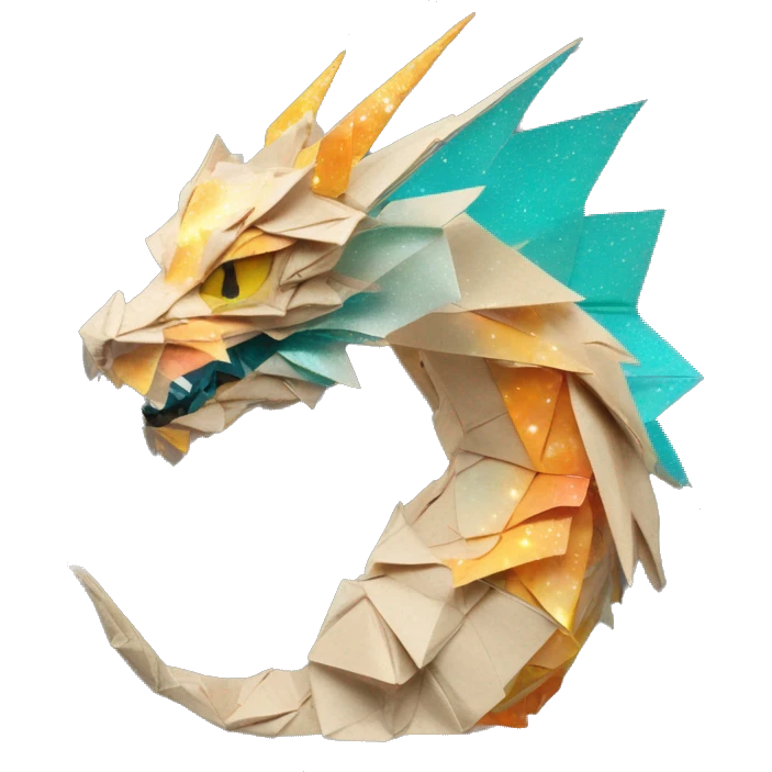 Sparkling patterned Beige Origami dragon with a dried flower crown made of newspapers intricate patterns surrounded by fairy lights nebula galaxy stars swirls iridescent orange cyan yellow emoji