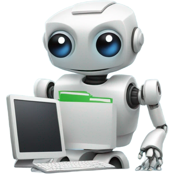 computer screen showing files with cute robot standing by emoji