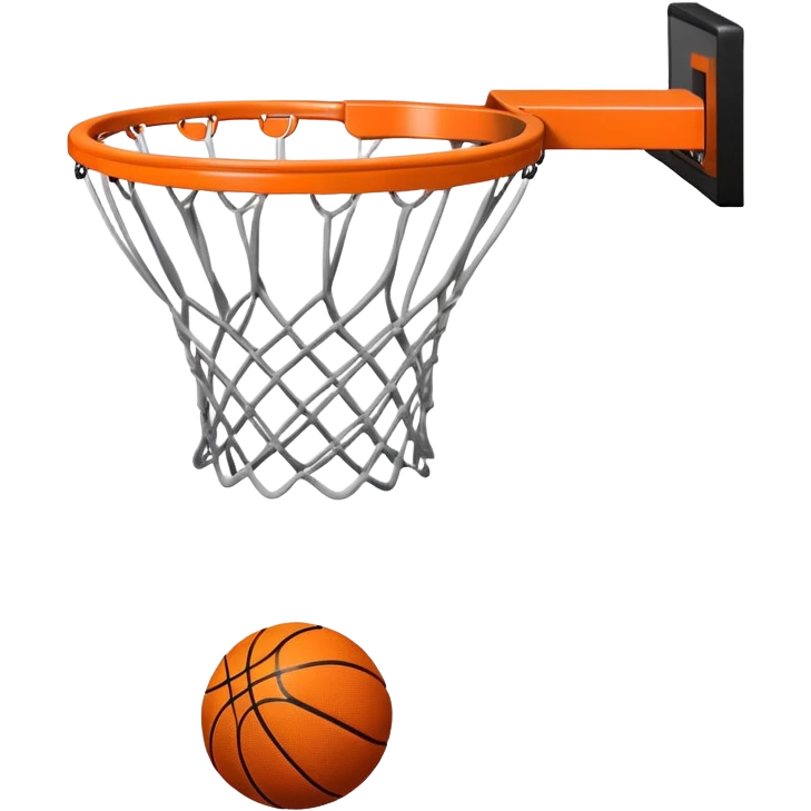 A close-up of a basketball hoop with the ball swishing through the net, captured mid-air. The background emphasizes the tension and excitement of the moment, with the rim and net in sharp focus, showcasing the precision and skill of the sport. emoji