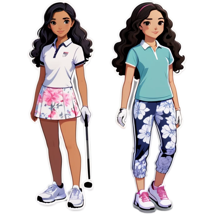  one  girl with black hair and white skin with golf clothes on, one Asian girl with workout pants and wavy mid lengthblack hair, and one American girl with long curly dirty blond hair and a floral dress on. All three are teens. They are all friends emoji