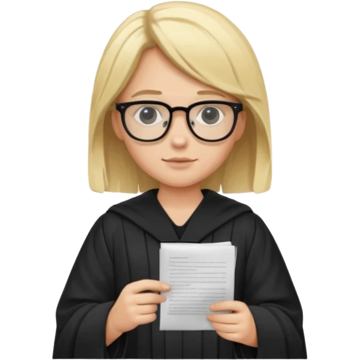 Young judge, blonde hair with glasses and robe, hold a paper emoji
