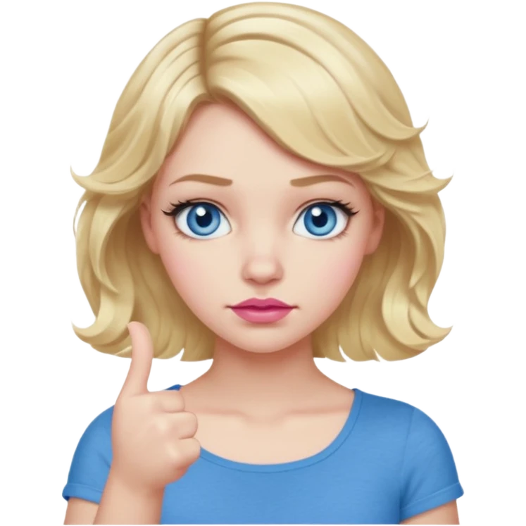 Girl Blonde short wavy hair,  blue eyes, cute blue top, long lashes, pink lips, thumbs down  emoji