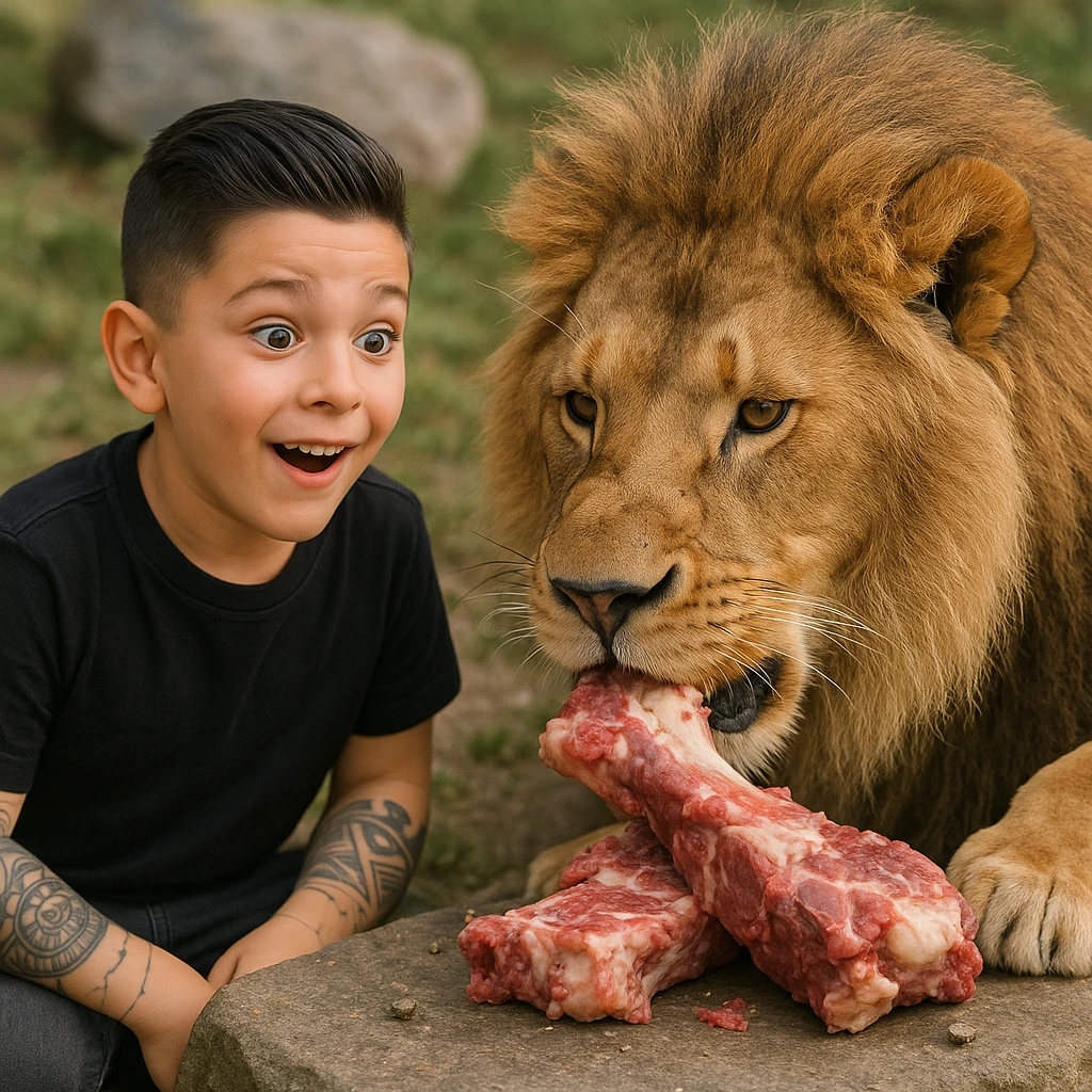 Create a realistic image of a boy with the face and appearance of the person in the reference photo, looking amazed at a lion and its feeding. The lion is near typical food of its diet (raw meat, bones). The boy shows an expression of wonder and curiosity. The tone is natural and positive. emoji