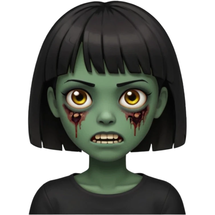 Zombie girl emoji verde escuro com cabelo curto liso preto no ombro e franja na altura da sobrancelha cobrindo completamente a testa, usando uma blusa preta, com olhos castanhos escuros emoji