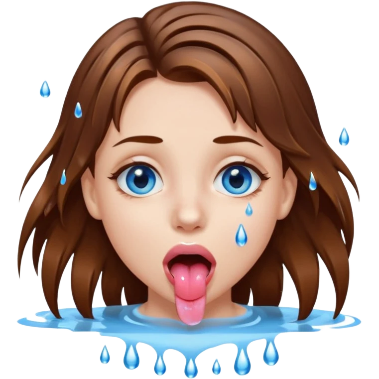 Girl with brown hair, blue eyes, a wet face and her tongue out. Can you make her face more wet? Can you add clear water droplets on her face and tongue? No water below her. Just on her face, hair and tongue. I like the first one in the top left corner. Can you do more variations of it emoji