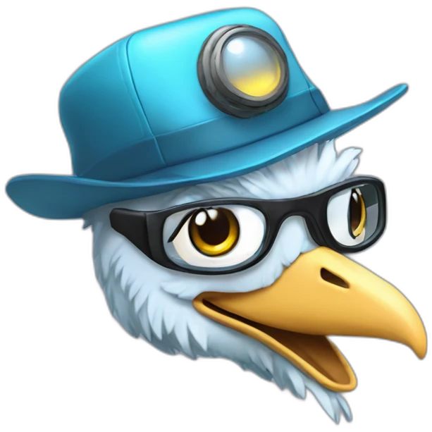 Crazy funny Cyberpunk Articuno head with beautiful smile wearing glasses and hat emoji