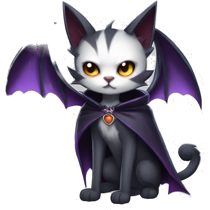  cool edgy beautiful anime-style ethereal dark-punk-themed animal vampiric cat-hybrid Fakemon with big fangs and bat-wing-ears with a cape full body emoji