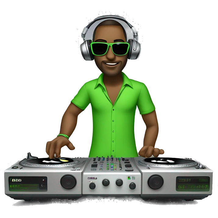 tall dj man with long luscious hair, shades, headphones and an electric green shirt on that says “365”, on a mixer turntable emoji
