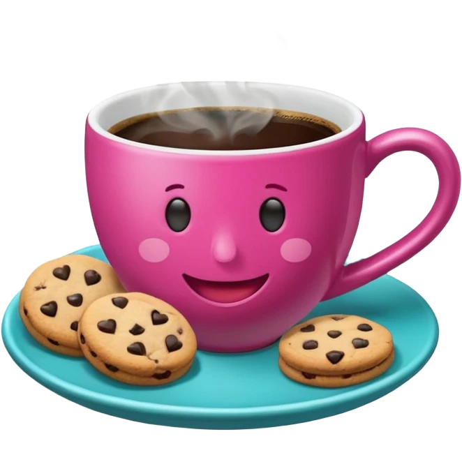 cup of coffee, steaming, the smoke should come out in the shape of a heart, the color of the cup is fuchsia, the cup has a happy face printed on it, the cup rests on a turquoise blue plate, and there are cookies and sugar cubes around the cup. emoji