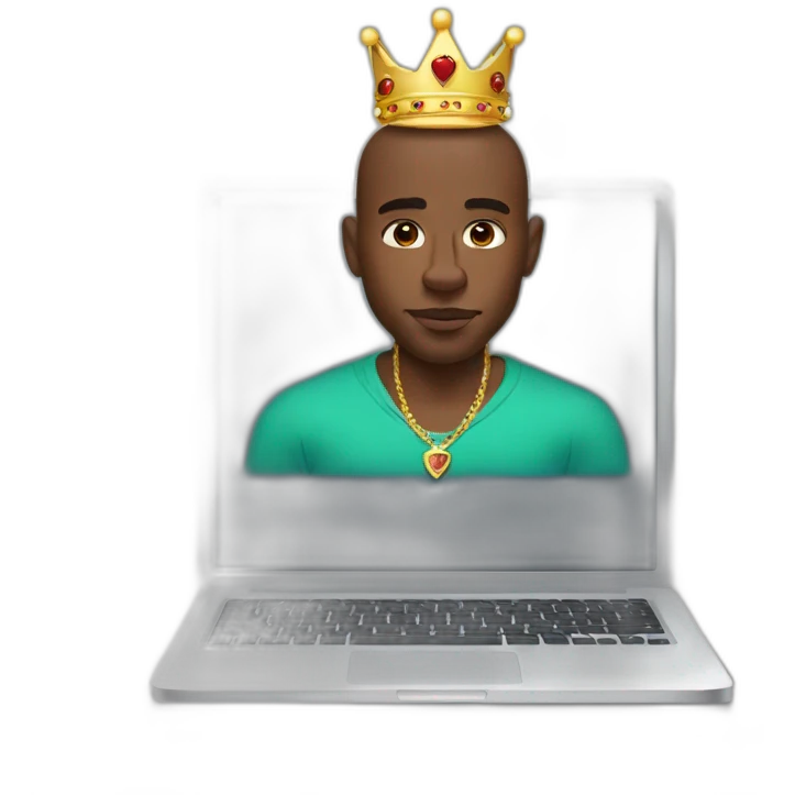 black man wearing crown behind laptop with pitbull on lap emoji