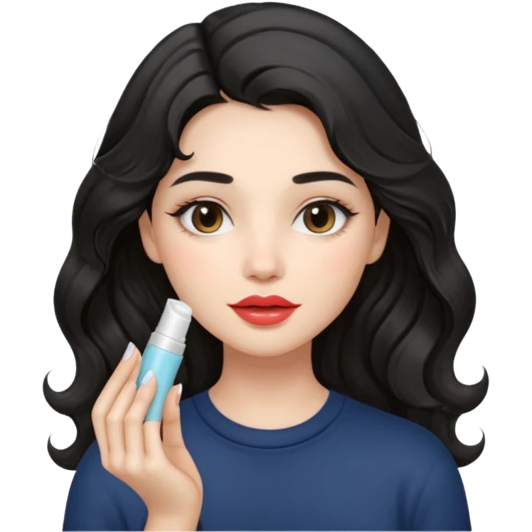 “Girl with light-black wavy hair, soft and flowing. She holds a asthetic lip balm just near her lips, about to apply it. The lip balm gives her lips a subtle glossy shine, making them look smooth, hydrated, and naturally prettyy emoji