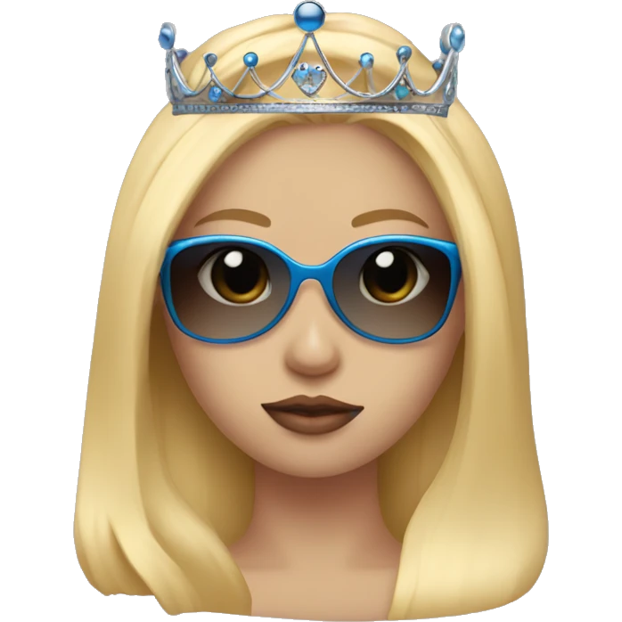 Girl with long blonde hair, blue eyes, sunglasses that cover her eyes and cherry lipstick and a crown emoji