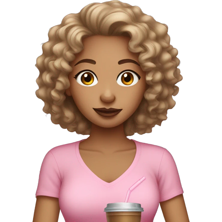 Light skin girl with curly hair wearing a pink shirt drinking iced coffee emoji