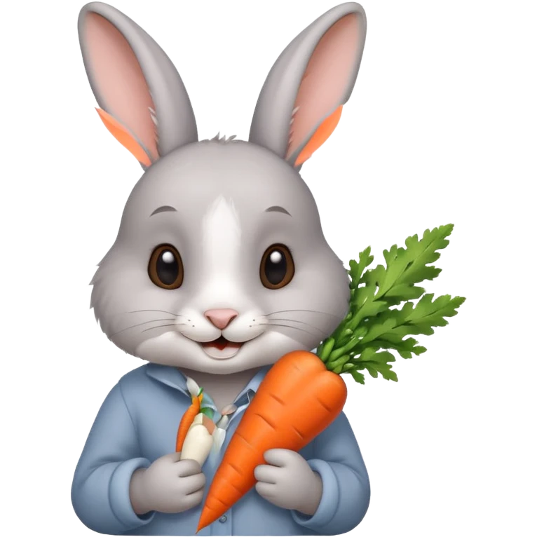 Gray rabbit holding carrot, cute smile, half body emoji