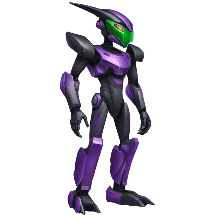 a shiny black-green-purple Genesect-Raptor-Fakémon-Medabot-hybrid with a futuristic visor-helmet full body emoji