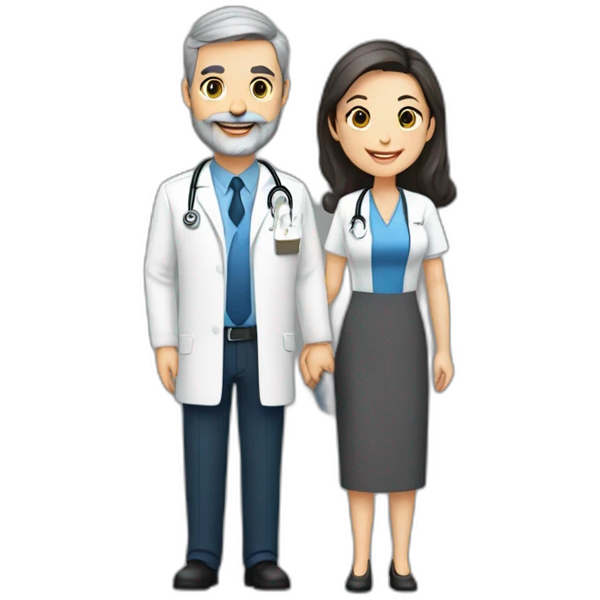 husband classy caucasian 55 dark gray hair trimmed beard executive holding bible, with wife asian age 55 dark hair nurse uniform, no children emoji