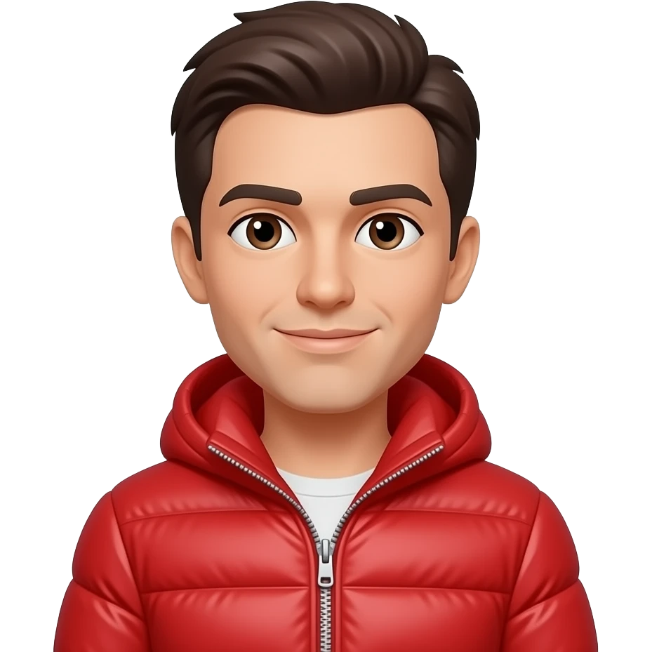 A character wearing a bright red puffer jacket, dark brown hair. emoji