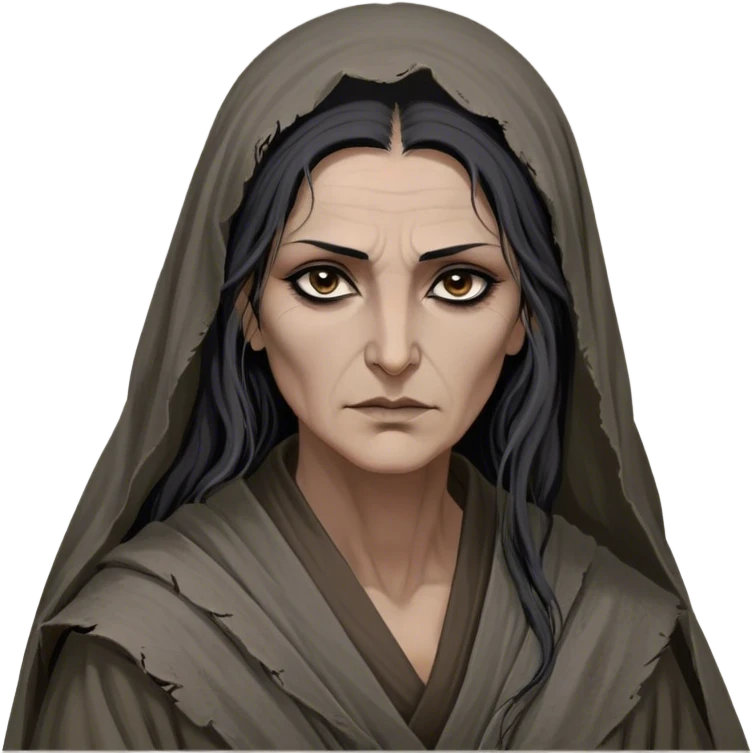 Mirri Maz Duur is a weathered, age 50 Lhazareen woman with deep-set dark eyes, high cheekbones, and a sharp nose, giving her a stern, knowing expression. Her long, unkempt dark hair streaked with gray falls loosely over her shoulders, and her earth-toned, tattered robes mark her as a humble healer. Despite her frail appearance, she exudes an aura of mystery and menace, her hands stained with herbs and blood from both healing and dark sorcery. emoji