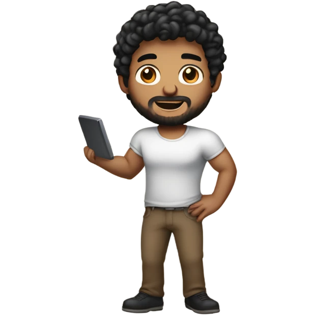 men holding his computer in hands. light brown skin men with curly black hair, dark brown eyes, little grown beard. ust a tiny bit muscular. dressed casual. round face. emoji
