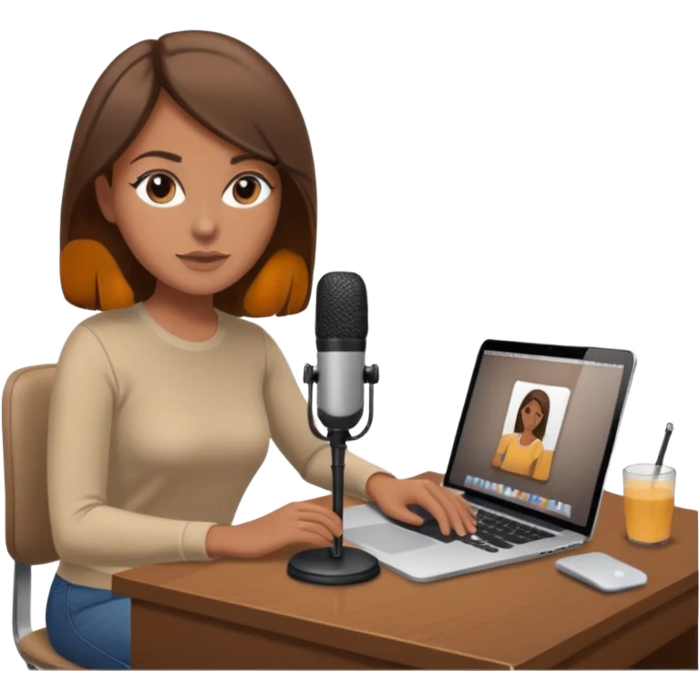tanned brown hair woman, sat at desk with MacBook, podcast microphone bleige top and beige, sexy, glass table emoji