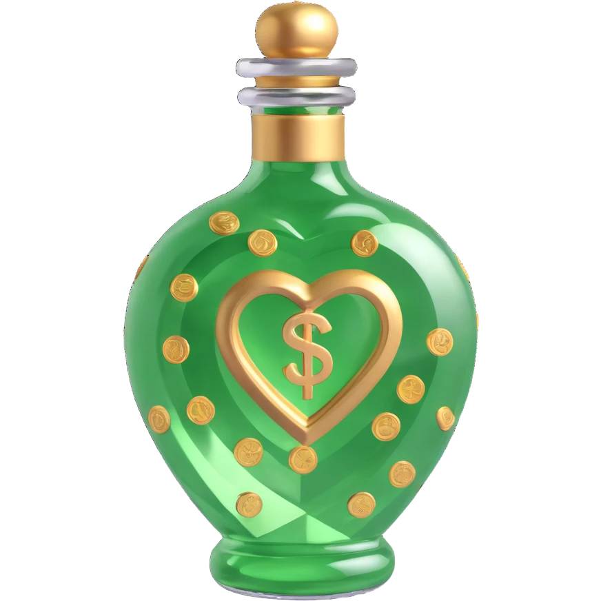 3D heart-shaped bottle with diamond effect, main color luxurious #c0ff53 green, many gold details, inside money motif (euros), very luxurious emoji