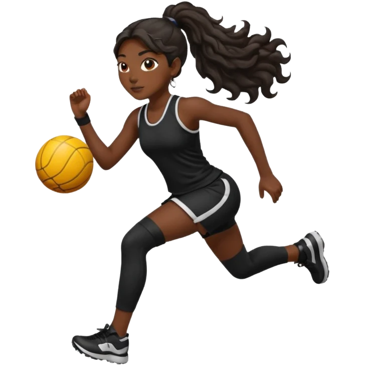 Femme noire avec cheveux longs ondulés en qeue de cheval qui fait du sport en tenue noire emoji