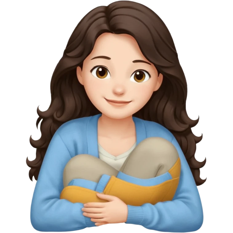 Juli – Cewe Perasa Kulit putih lembut, rambut coklat gelap panjang bergelombang natural, terurai. Pakai cardigan biru muda terang Duduk sambil peluk lutut ekspresi senyum emoji