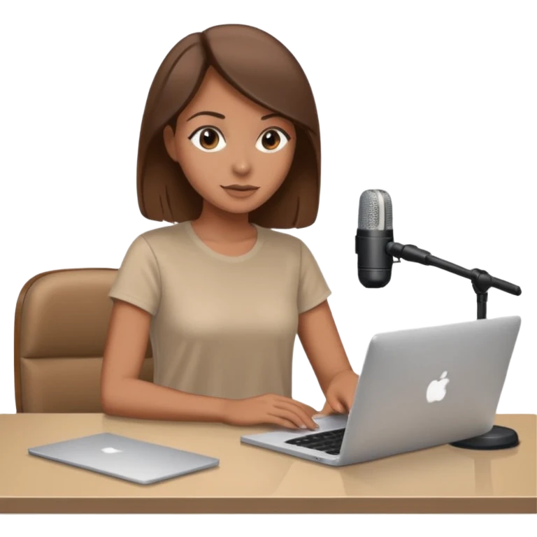 tanned brown hair woman, sat at desk with MacBook, podcast microphone bleige top and beige, sexy, glass table emoji