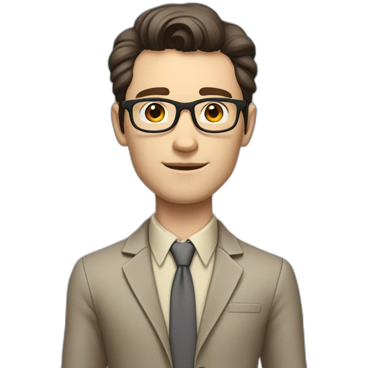 Full height Pale skinned fit man with dark brown hair in gray jacket, beige office shirt, brown tie, brown pants and vintage glasses. His right hand stretched out emoji
