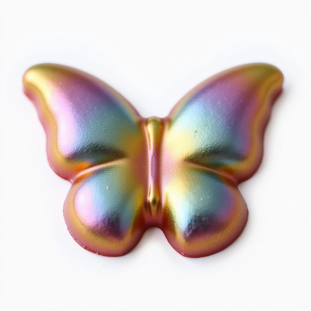 realistic butterfly-shaped candy with a metallic rainbow sheen, isolated on a transparent background, no visible background emoji