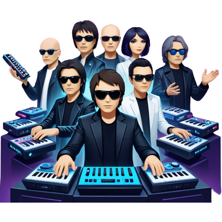Icon for Electronic Music: Jean-Michel Jarre, Moby, DJ Tiesto, and Jorn van Deynhoven performing with synthesizers, turntables, and futuristic lighting effects. The design should evoke the vibrant and immersive atmosphere of electronic music festivals. Transparent background. emoji