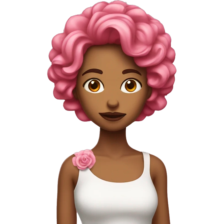 Chica pelo rizado con una rosa rosa emoji