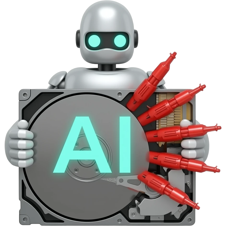 a robot with guns bursting out of a computer hard drive with AI written on it emoji
