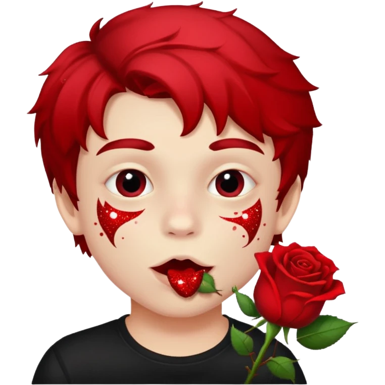 red glitter naughty-looking boy biting a rose in his mouth emoji