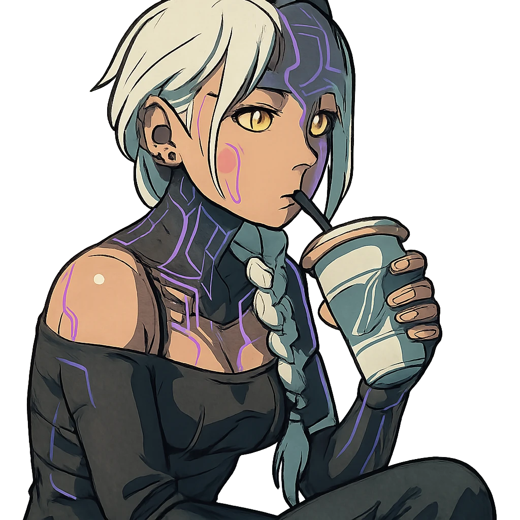  she is sipping a delicious tea drink, a closeup portrait of young woman with gold yellow eyes, white hair, long braid, black off-shoulder top d-cup, punk gothic style, futuristic cyberwave cyberpunk, sitting position
 emoji