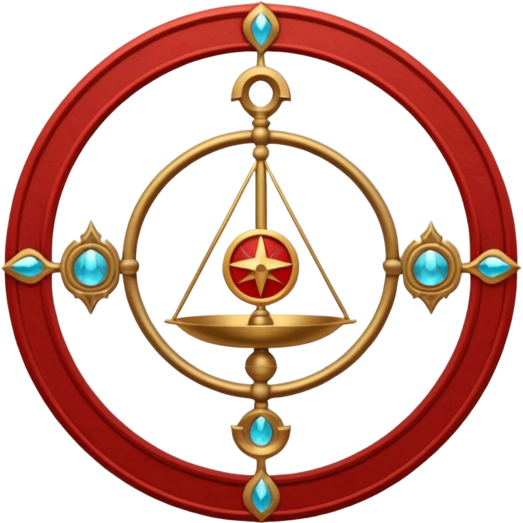 A circular casting sigil inspired by the Wizard101 Balance School, featuring ancient alchemical and arcane motifs. The base color is sand, with red trim accents. At the center is a golden balance scale as the primary focal symbol. emoji