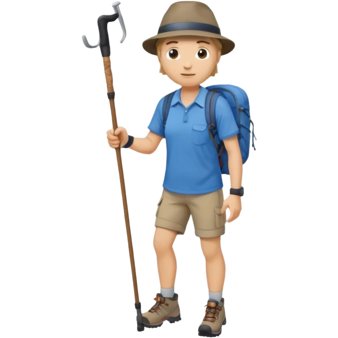 a full-body hiker with a hat blue shirt and hiking stick.hiking a mountain emoji