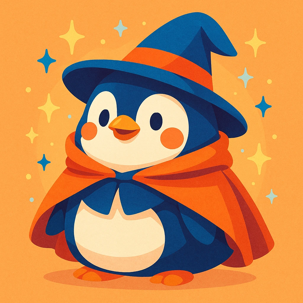a chubby penguin with a wizard hat and cloak, surrounded by sparkles, in a soft, rounded illustration style, colorful vibrant toon emoji