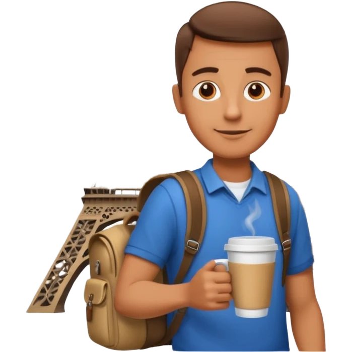 man with cup of coffee and backpack on the back. Eiffel tower on the background emoji